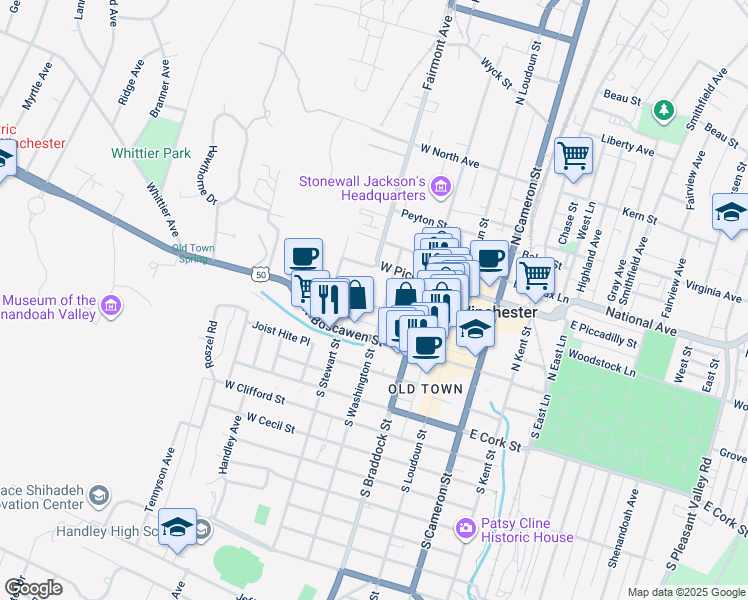 map of restaurants, bars, coffee shops, grocery stores, and more near 220 Amherst Street in Winchester