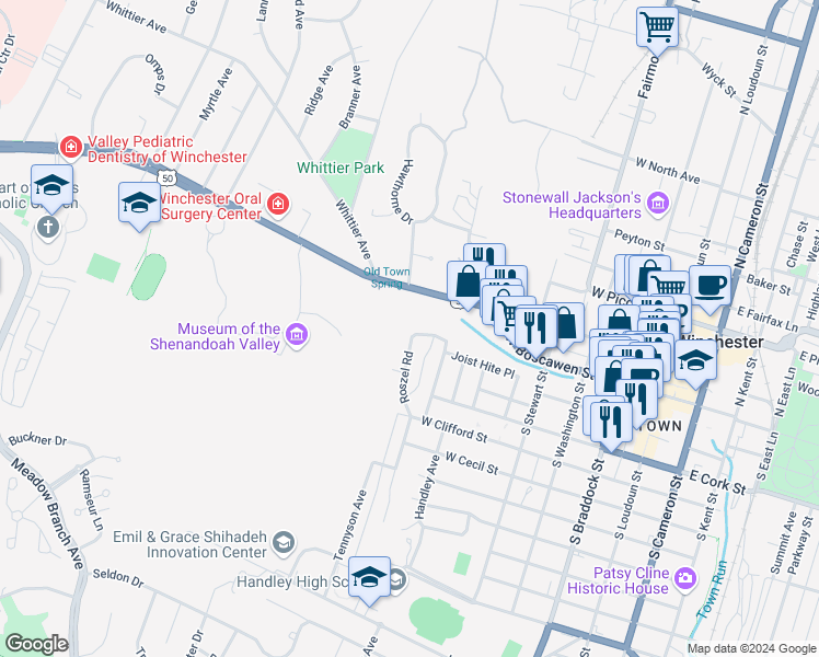 map of restaurants, bars, coffee shops, grocery stores, and more near 103 Roszel Road in Winchester