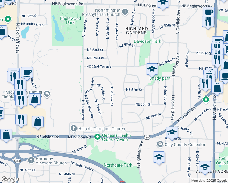 map of restaurants, bars, coffee shops, grocery stores, and more near 5035 Northeast Marvin Road in Kansas City