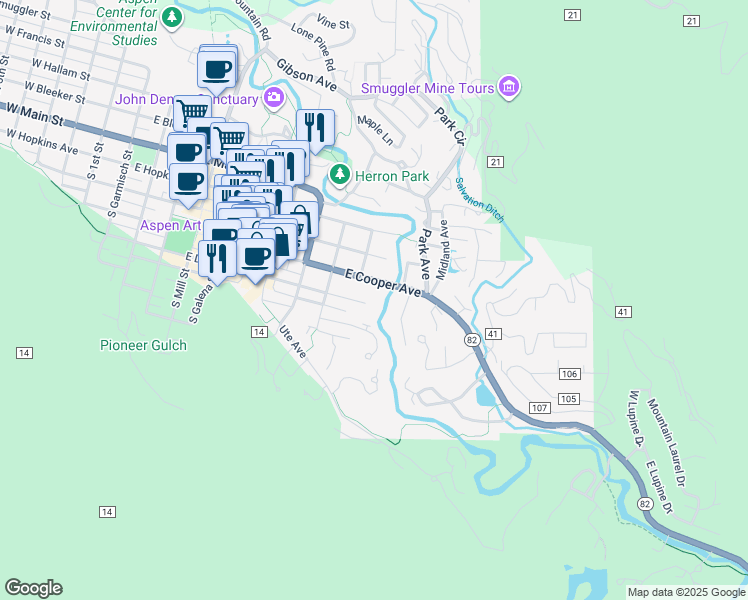 map of restaurants, bars, coffee shops, grocery stores, and more near 1039 East Cooper Avenue in Aspen