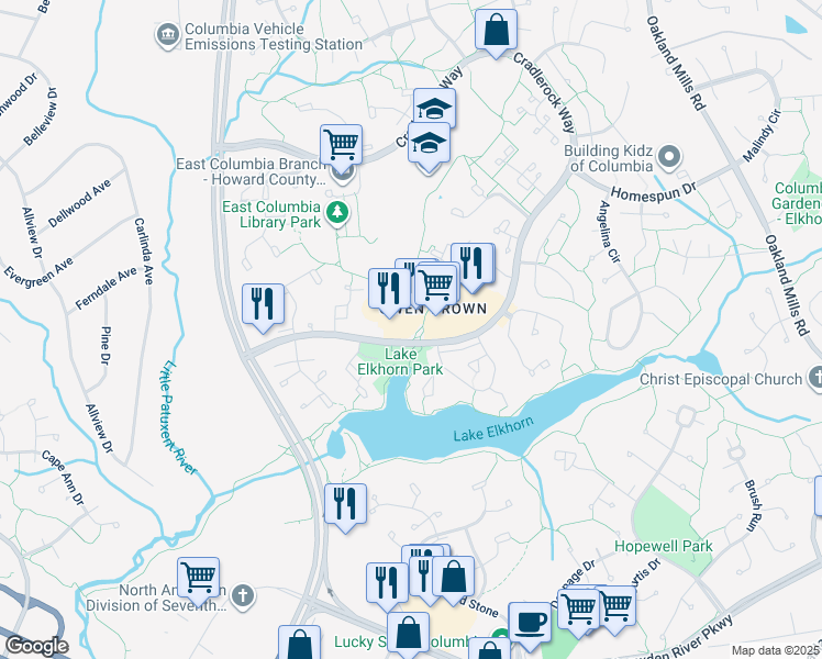 map of restaurants, bars, coffee shops, grocery stores, and more near 7262 Cradlerock Way in Columbia