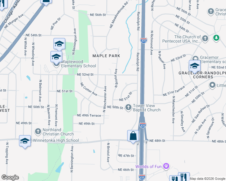 map of restaurants, bars, coffee shops, grocery stores, and more near 5120 North Bristol Avenue in Kansas City
