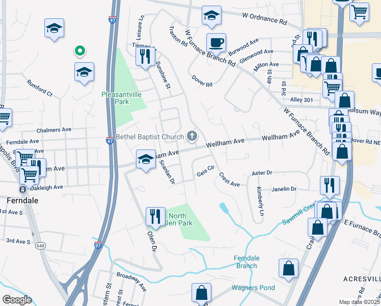 map of restaurants, bars, coffee shops, grocery stores, and more near 421 Wellham Avenue in Glen Burnie