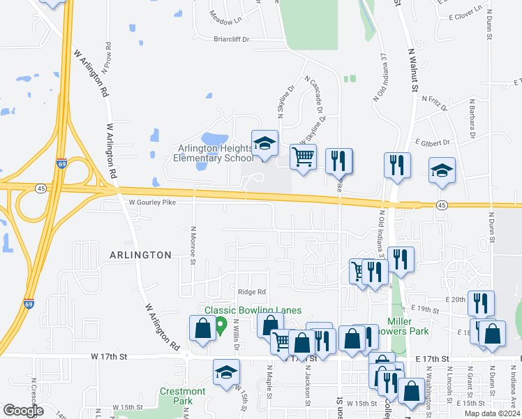 map of restaurants, bars, coffee shops, grocery stores, and more near 815 West Gourley Pike in Bloomington