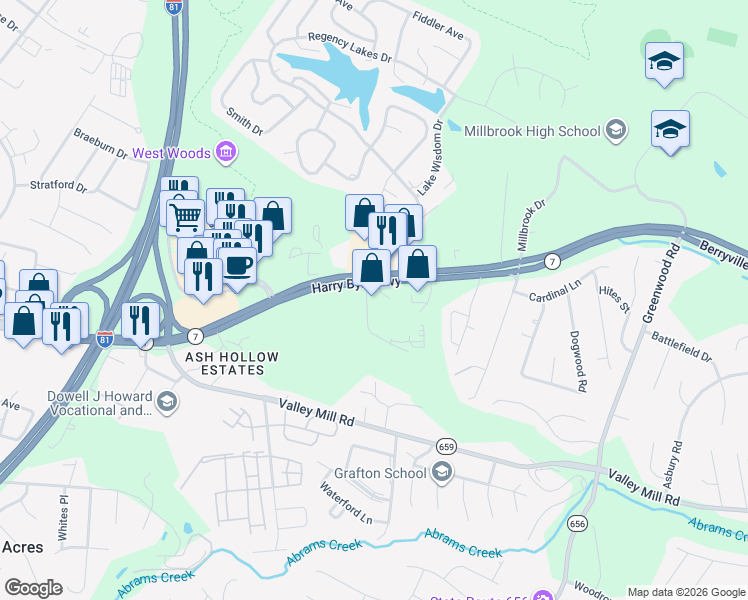map of restaurants, bars, coffee shops, grocery stores, and more near 1694 Berryville Pike in Winchester