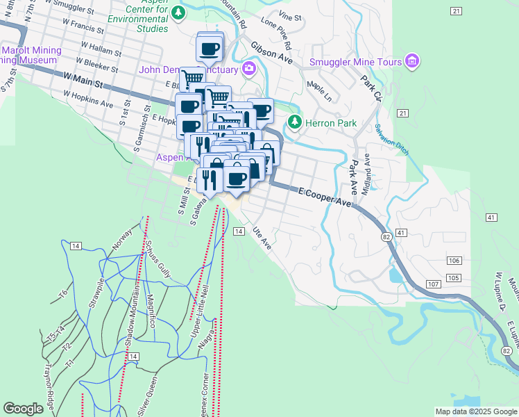 map of restaurants, bars, coffee shops, grocery stores, and more near 107 Aspen Mountain Road in Aspen