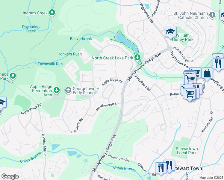 map of restaurants, bars, coffee shops, grocery stores, and more near in Montgomery Village