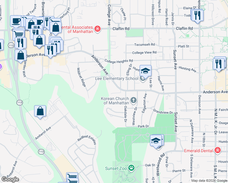 map of restaurants, bars, coffee shops, grocery stores, and more near 2314 Wildwood Lane in Manhattan