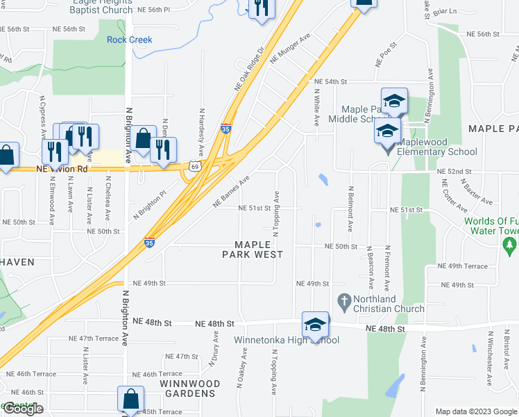 map of restaurants, bars, coffee shops, grocery stores, and more near 5623 Northeast 51st Street in Kansas City