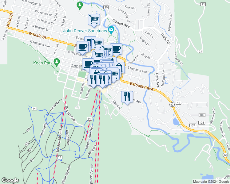 map of restaurants, bars, coffee shops, grocery stores, and more near 700 Ute Avenue in Aspen