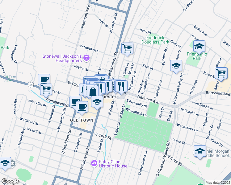 map of restaurants, bars, coffee shops, grocery stores, and more near 126 East Piccadilly Street in Winchester