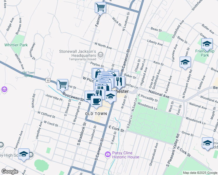 map of restaurants, bars, coffee shops, grocery stores, and more near 119 North Loudoun Street in Winchester