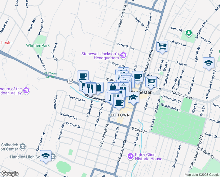 map of restaurants, bars, coffee shops, grocery stores, and more near 106 North Washington Street in Winchester