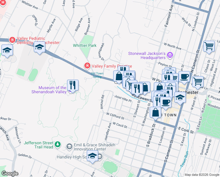 map of restaurants, bars, coffee shops, grocery stores, and more near 710 Academy Circle in Winchester