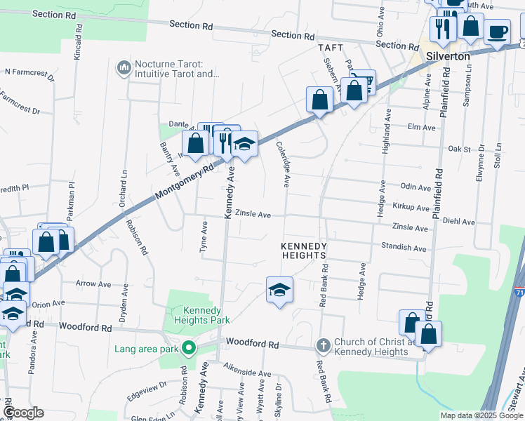 map of restaurants, bars, coffee shops, grocery stores, and more near 3661 Zinsle Avenue in Cincinnati