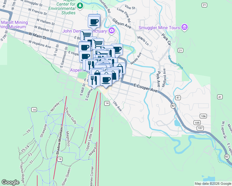 map of restaurants, bars, coffee shops, grocery stores, and more near 525 South Original Street in Aspen