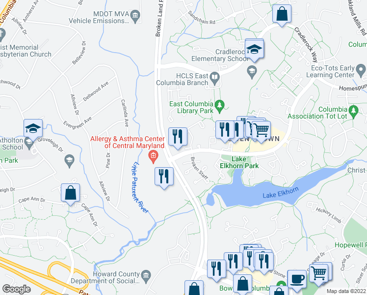 map of restaurants, bars, coffee shops, grocery stores, and more near 7363 Hickory Log Circle in Columbia