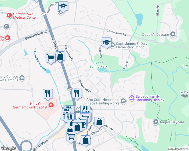 map of restaurants, bars, coffee shops, grocery stores, and more near 11355 Halethorpe Terrace in Germantown