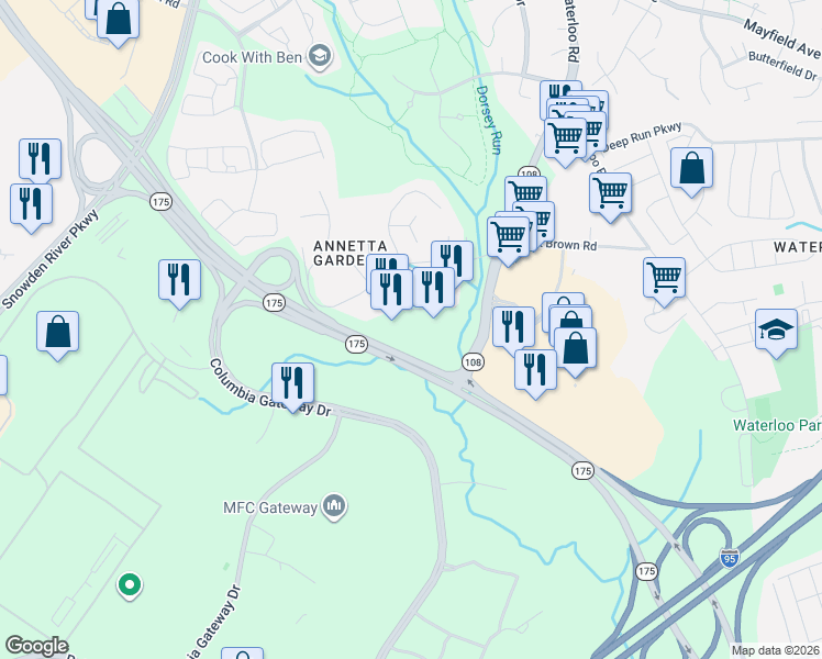 map of restaurants, bars, coffee shops, grocery stores, and more near 8325 Benson Drive in Columbia