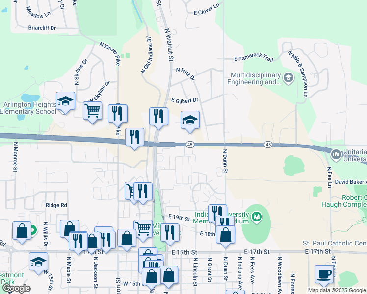 map of restaurants, bars, coffee shops, grocery stores, and more near 220 East Matlock Road in Bloomington