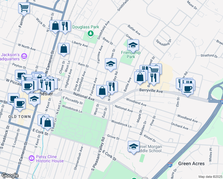 map of restaurants, bars, coffee shops, grocery stores, and more near North Pleasant Valley Road in Winchester