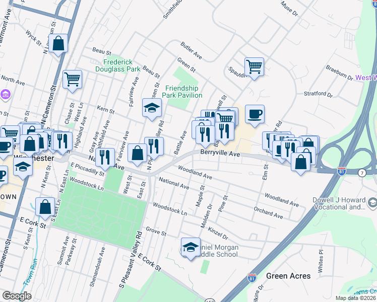 map of restaurants, bars, coffee shops, grocery stores, and more near 682 Virginia 7 in Winchester