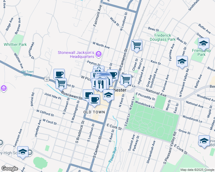 map of restaurants, bars, coffee shops, grocery stores, and more near 15 East Piccadilly Street in Winchester