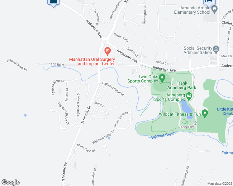map of restaurants, bars, coffee shops, grocery stores, and more near 523 Stonemont Drive in Manhattan