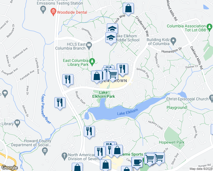 map of restaurants, bars, coffee shops, grocery stores, and more near 7274 Cradlerock Way in Columbia