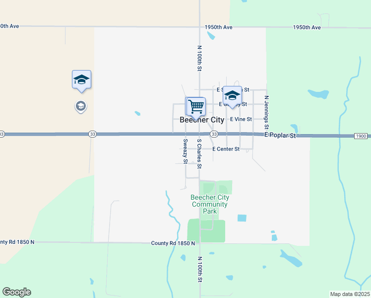 map of restaurants, bars, coffee shops, grocery stores, and more near 202 Sweazy Street in Beecher City