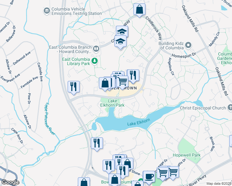 map of restaurants, bars, coffee shops, grocery stores, and more near 7222 Cradlerock Way in Columbia