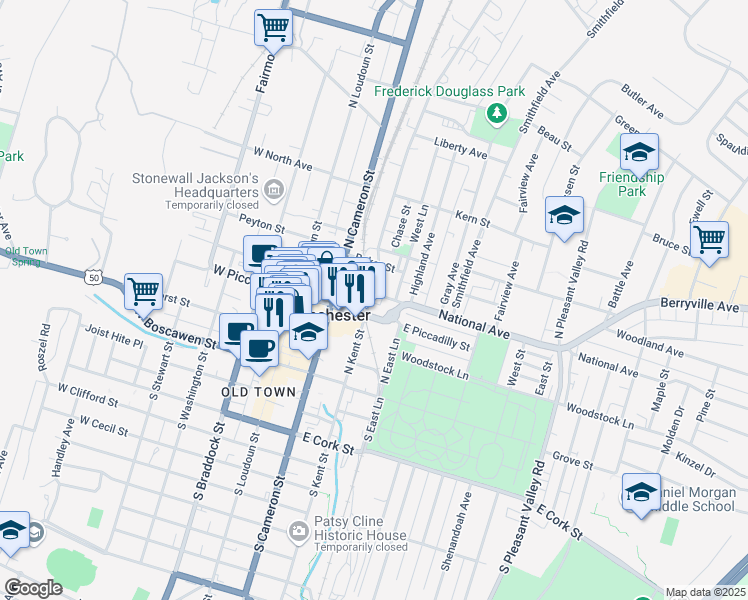 map of restaurants, bars, coffee shops, grocery stores, and more near 208 North Kent Street in Winchester