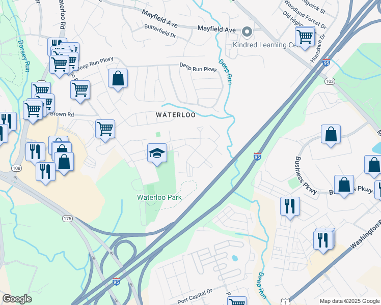 map of restaurants, bars, coffee shops, grocery stores, and more near 6869 Old Waterloo Road in Elkridge