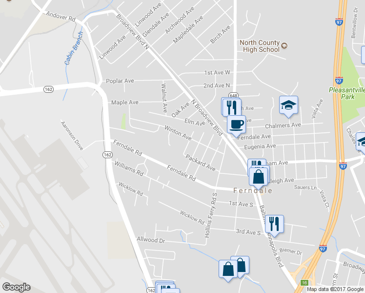 map of restaurants, bars, coffee shops, grocery stores, and more near 102 Caswell Avenue in Glen Burnie