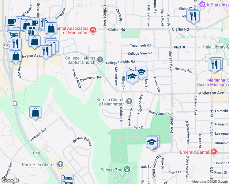map of restaurants, bars, coffee shops, grocery stores, and more near 2300 Wildwood Lane in Manhattan