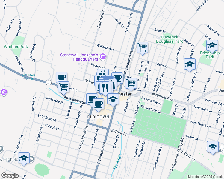map of restaurants, bars, coffee shops, grocery stores, and more near 15 East Piccadilly Street in Winchester