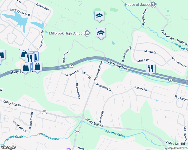 map of restaurants, bars, coffee shops, grocery stores, and more near 118 Pioneers Road in Winchester