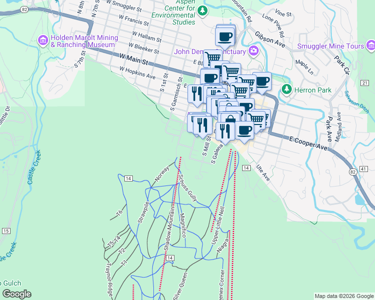 map of restaurants, bars, coffee shops, grocery stores, and more near 701 South Monarch Street in Aspen