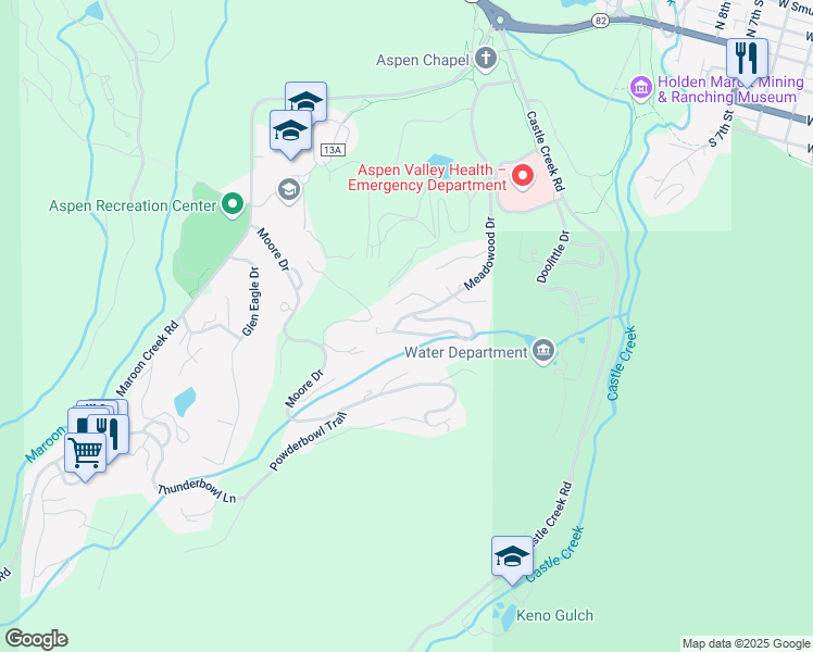 map of restaurants, bars, coffee shops, grocery stores, and more near 28 Larkspur Ln in Aspen
