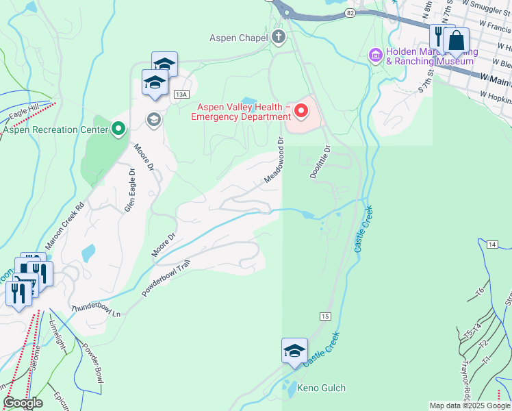 map of restaurants, bars, coffee shops, grocery stores, and more near 222 Larkspur Ln in Aspen