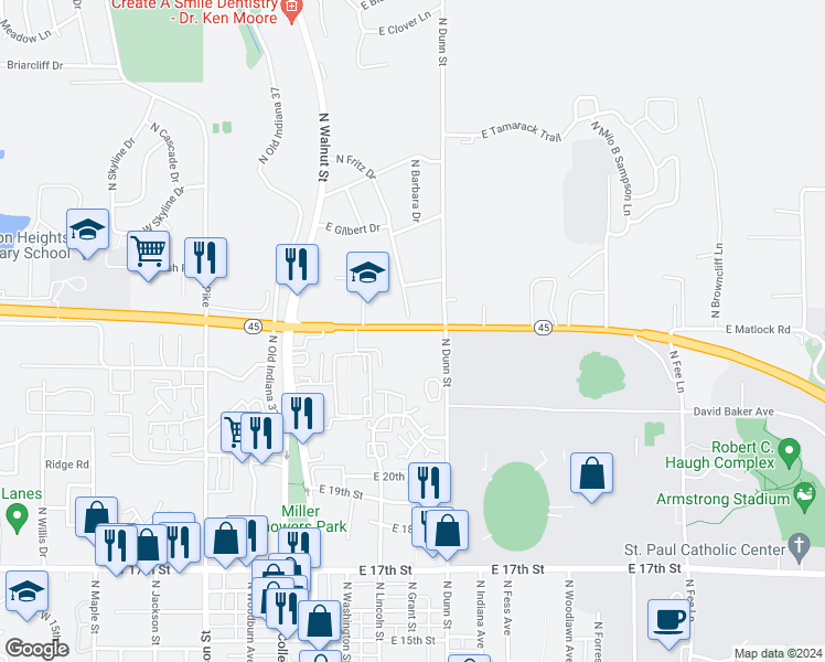 map of restaurants, bars, coffee shops, grocery stores, and more near 322 Indiana 45 46 Bypass in Bloomington