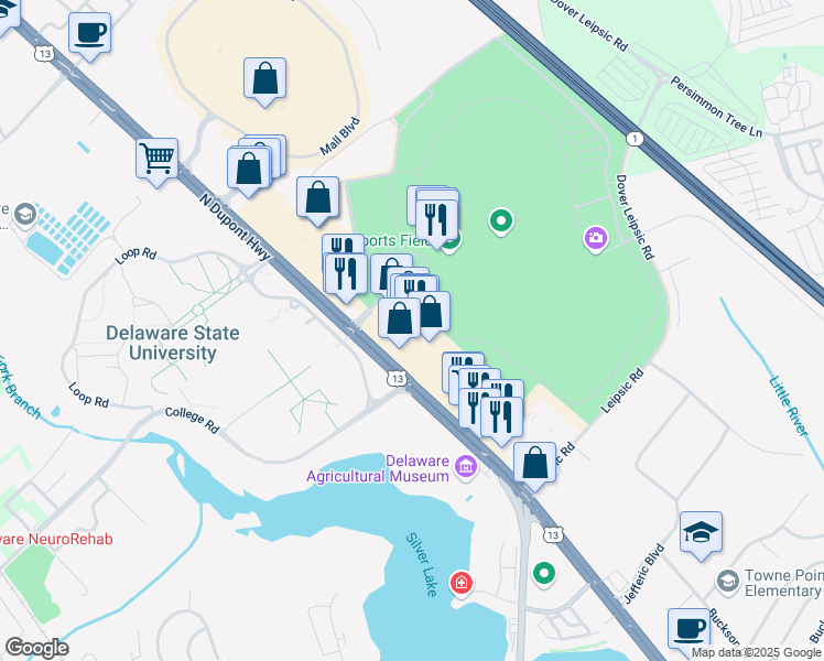 map of restaurants, bars, coffee shops, grocery stores, and more near 1057 North Dupont Highway in Dover