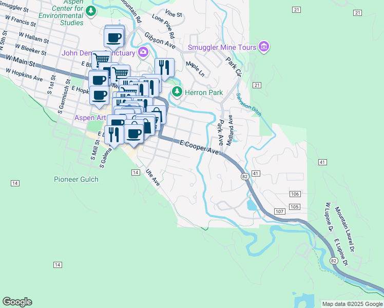 map of restaurants, bars, coffee shops, grocery stores, and more near 1039 East Cooper Avenue in Aspen