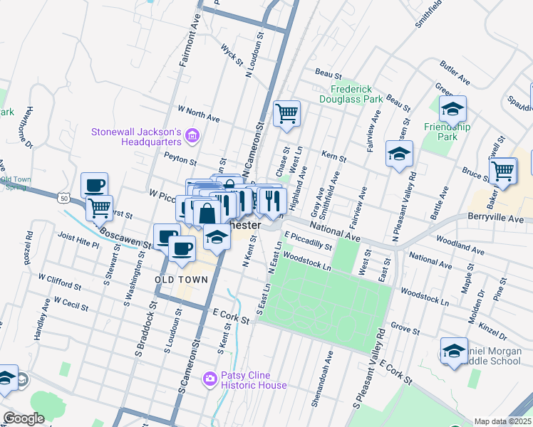 map of restaurants, bars, coffee shops, grocery stores, and more near 126 East Piccadilly Street in Winchester