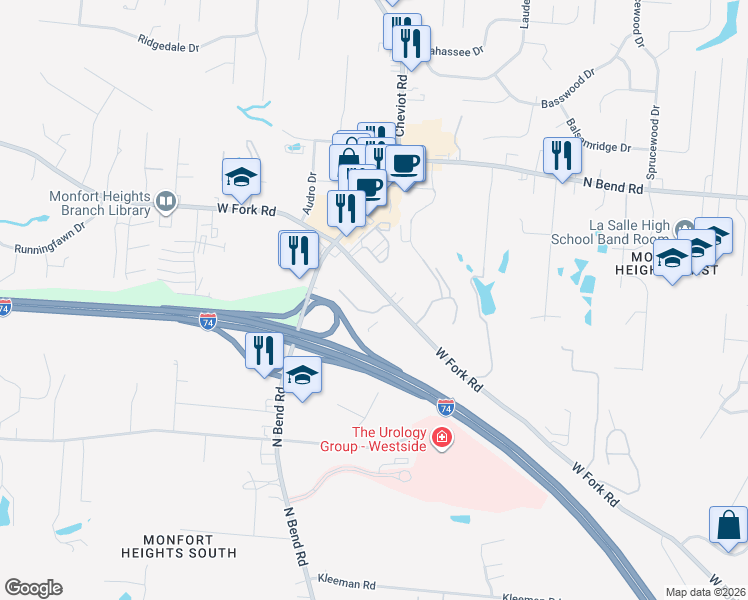 map of restaurants, bars, coffee shops, grocery stores, and more near 3507 West Fork Road in Cincinnati