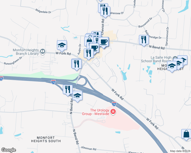 map of restaurants, bars, coffee shops, grocery stores, and more near 3507 West Fork Road in Cincinnati