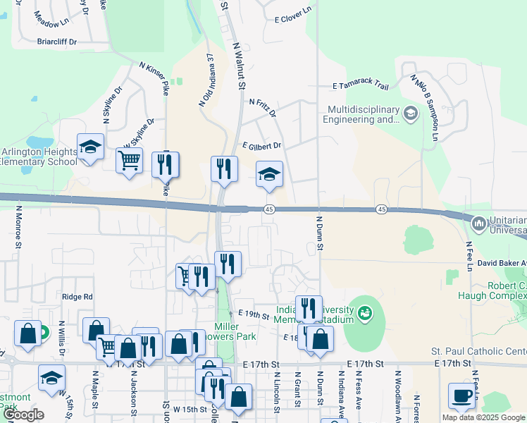 map of restaurants, bars, coffee shops, grocery stores, and more near 220 East Matlock Road in Bloomington