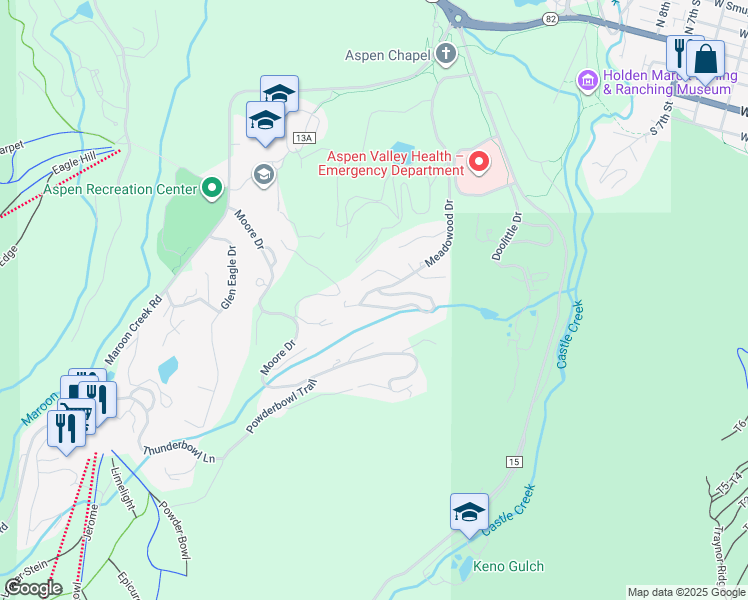 map of restaurants, bars, coffee shops, grocery stores, and more near 279-305 Larkspur Lane in Aspen