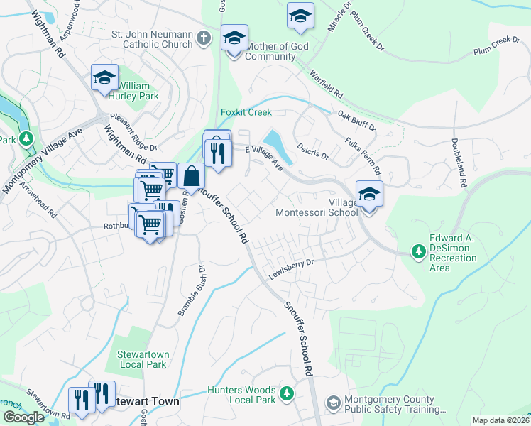 map of restaurants, bars, coffee shops, grocery stores, and more near 8670 Welbeck Way in Montgomery Village