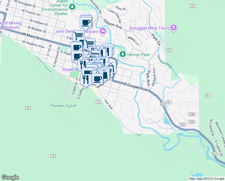 map of restaurants, bars, coffee shops, grocery stores, and more near 825 East Dean Street in Aspen